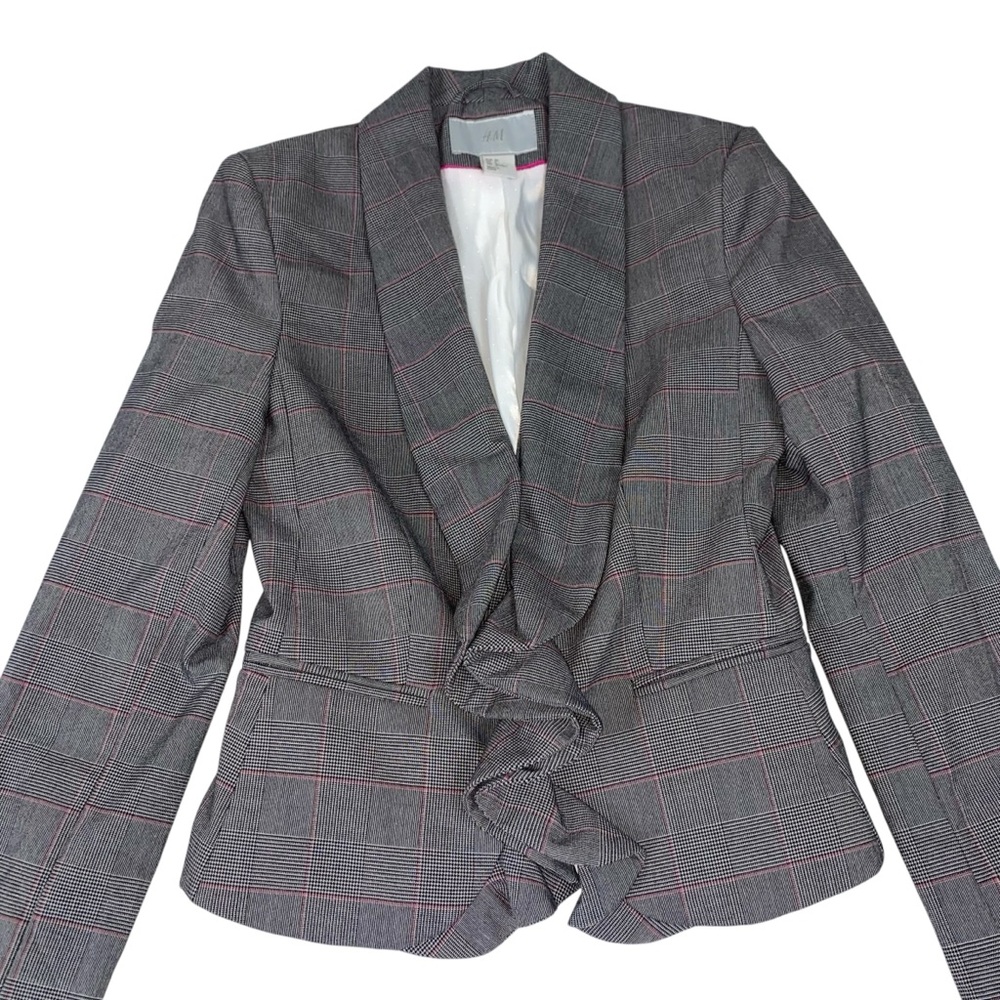 H&M Ruffle Front Blazer Charcoal and Pink Windowpane Plaid Size 2 Office Siren